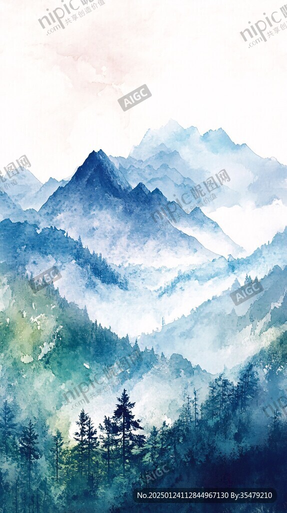 水彩畫山峰群山遠山
