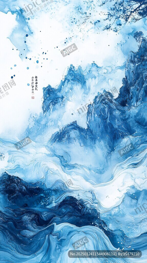 藍黑色潑墨山水
