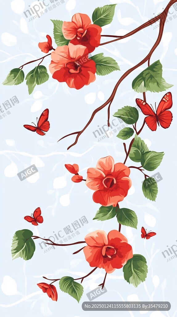 山茶花蝴蝶插畫