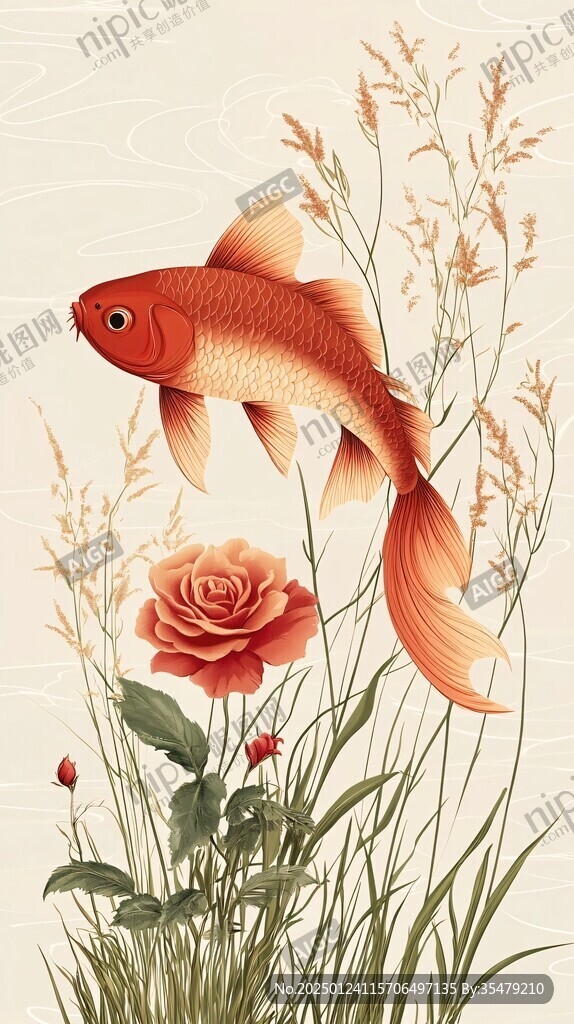 富貴鯉魚禪意插畫