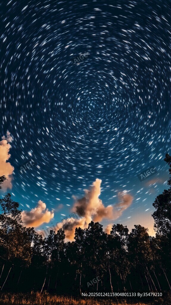 夜晚星軌下的樹木