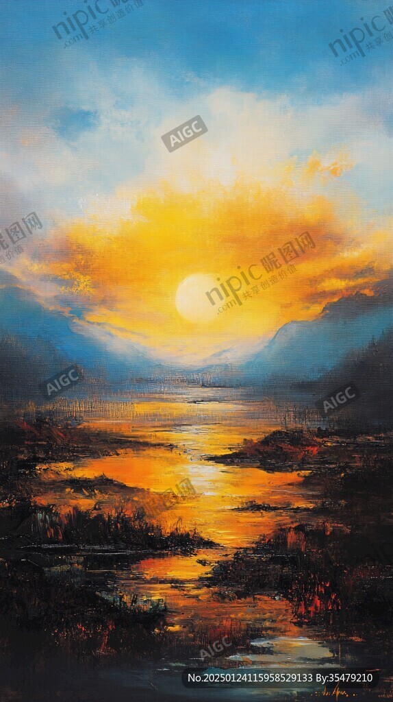 山水夕陽油畫