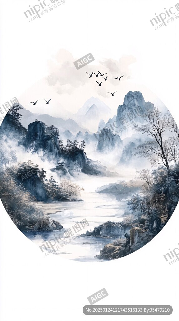 圓形山水裝飾畫背景