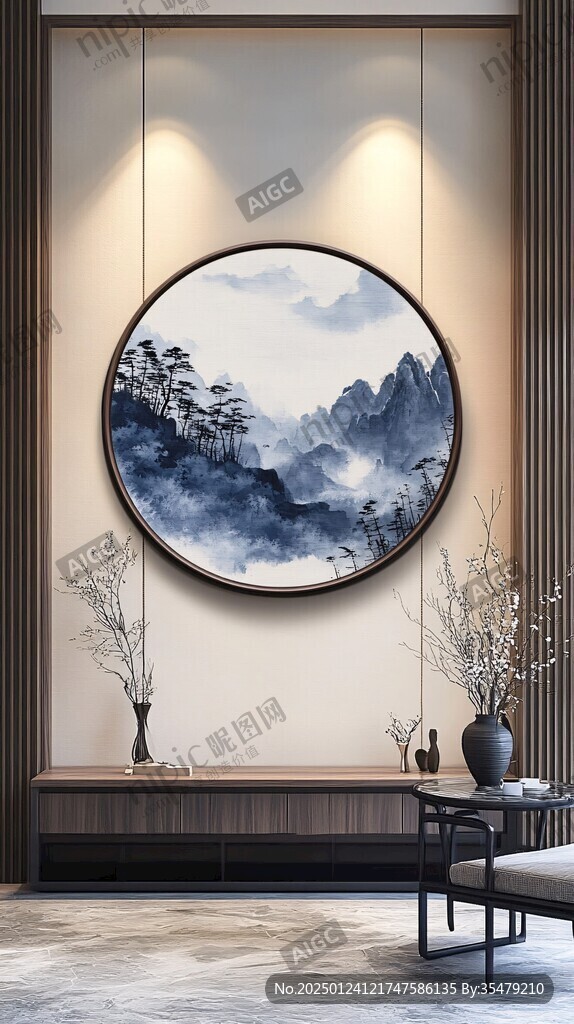 禪意山水圓形掛畫框畫