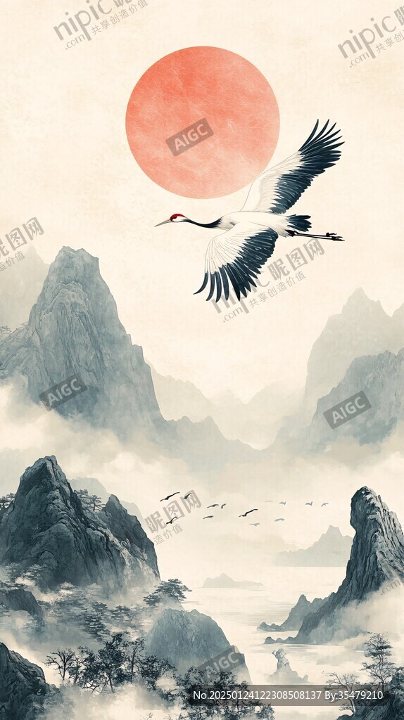 旭日東升仙鶴插畫