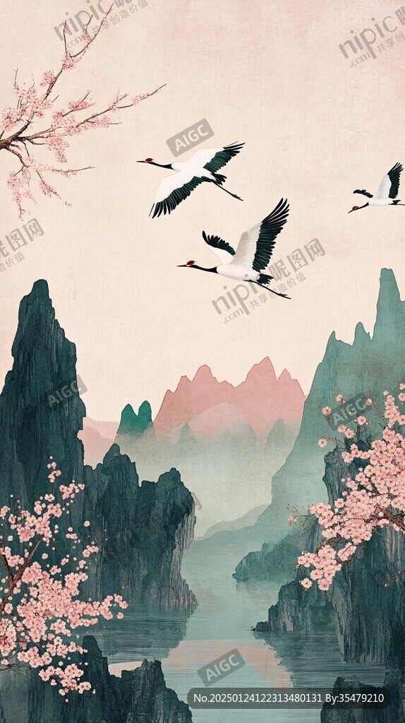 仙鶴古風山水插畫