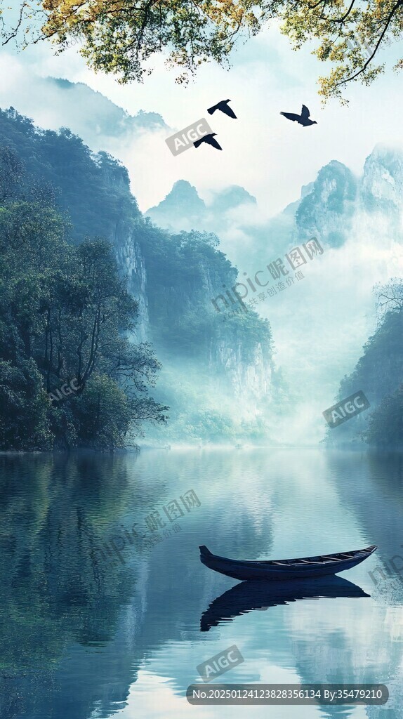 湖畔漁舟河流山峰環(huán)保