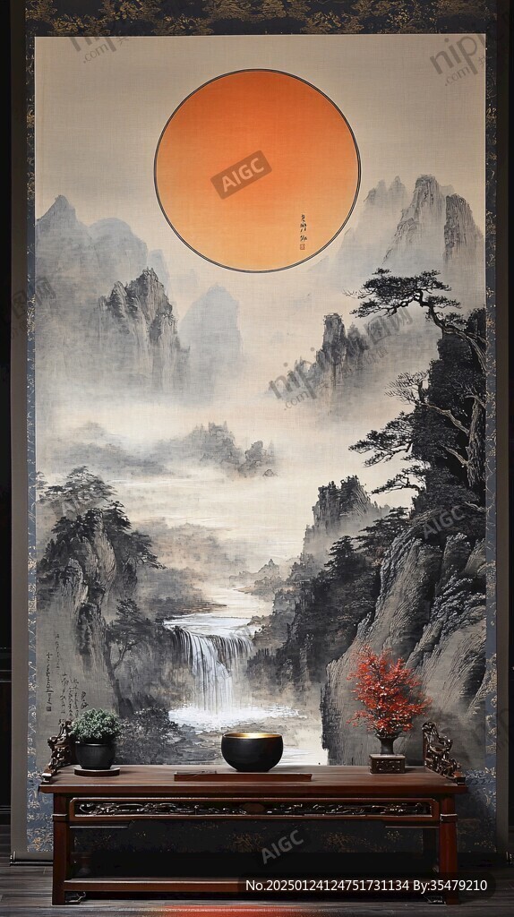 圓山水框畫硬包背景