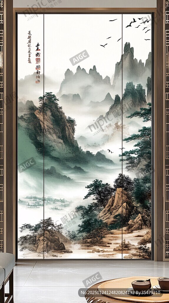 山水畫玻璃屏風