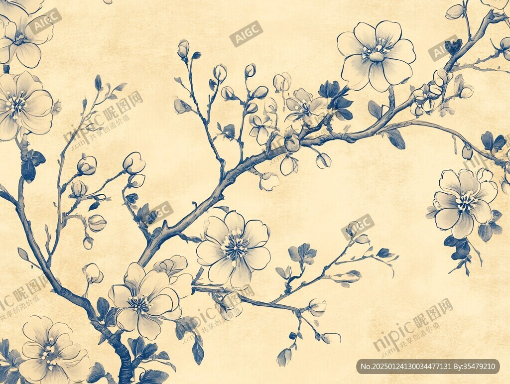 新中式手繪梅花花鳥