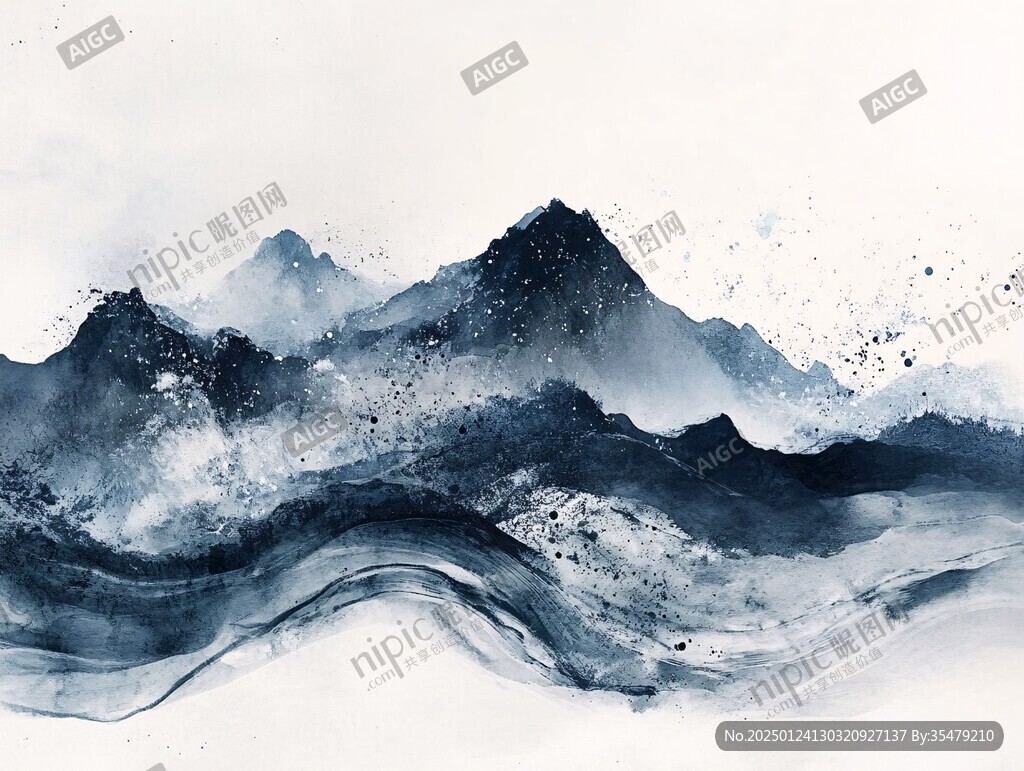暈染墨跡禪境山峰
