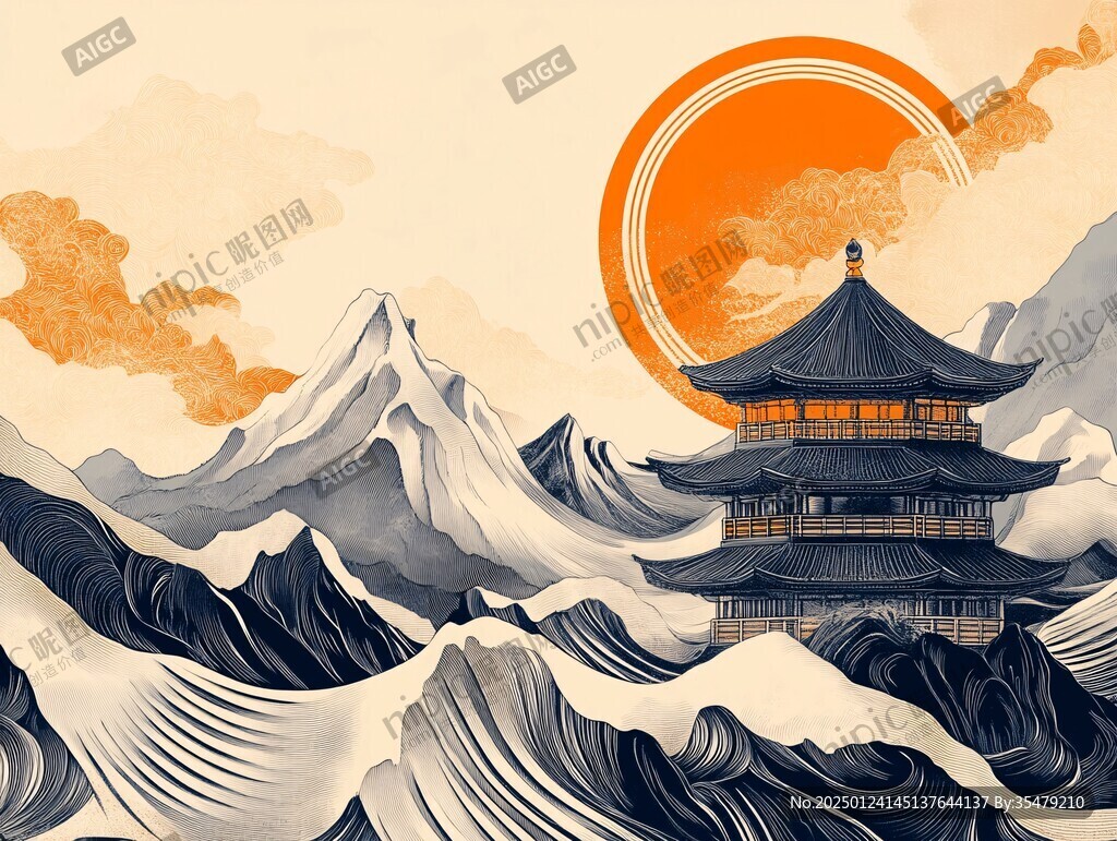 仙鶴樓閣山水插畫