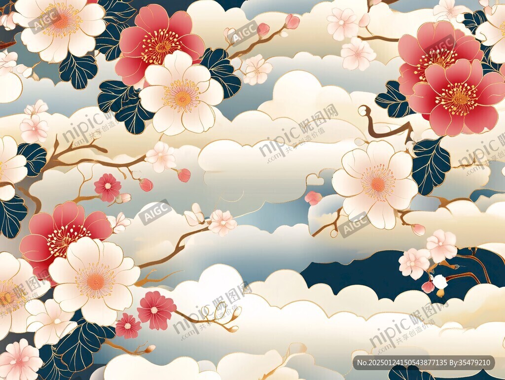 中式櫻花花鳥圖