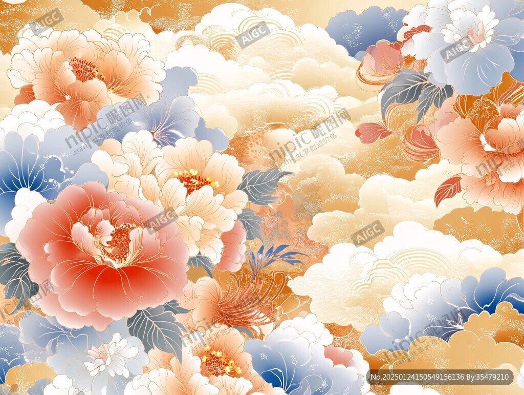 手繪牡丹花云山