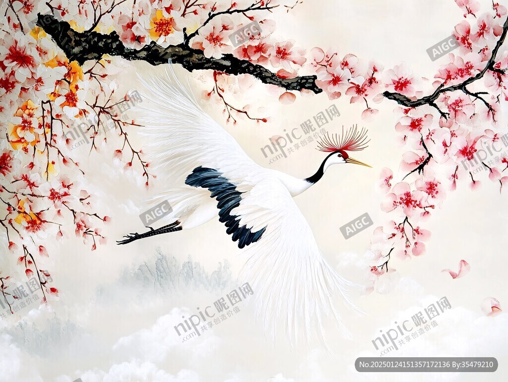 手繪白鶴裝飾畫
