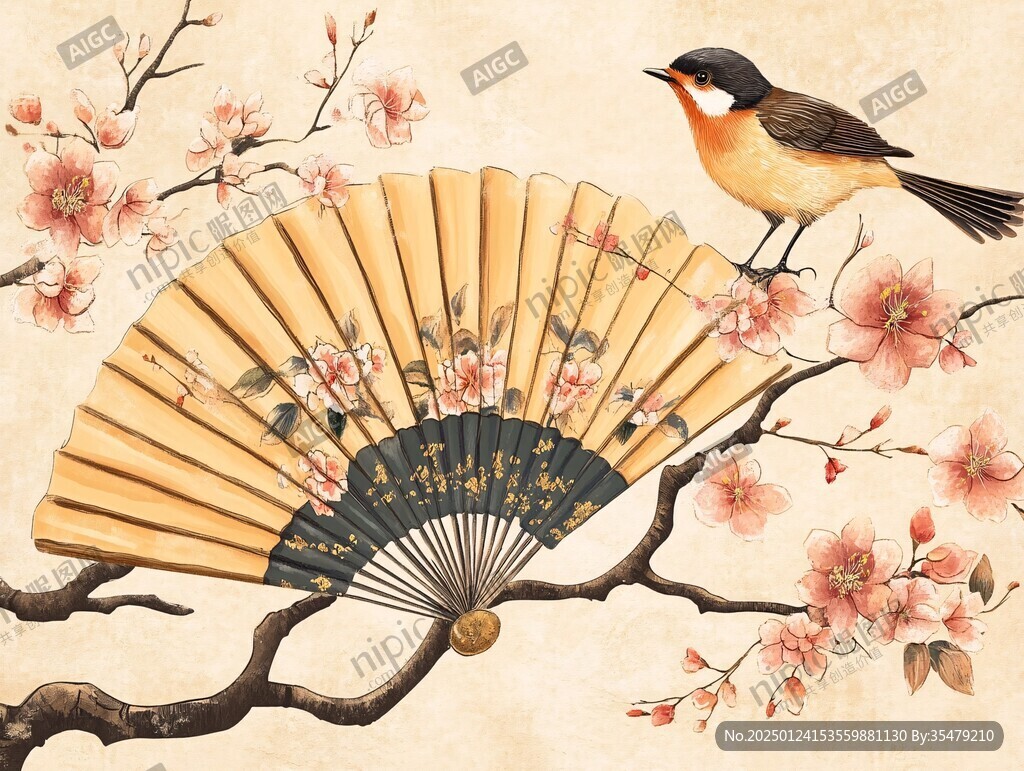 折扇花鳥插畫