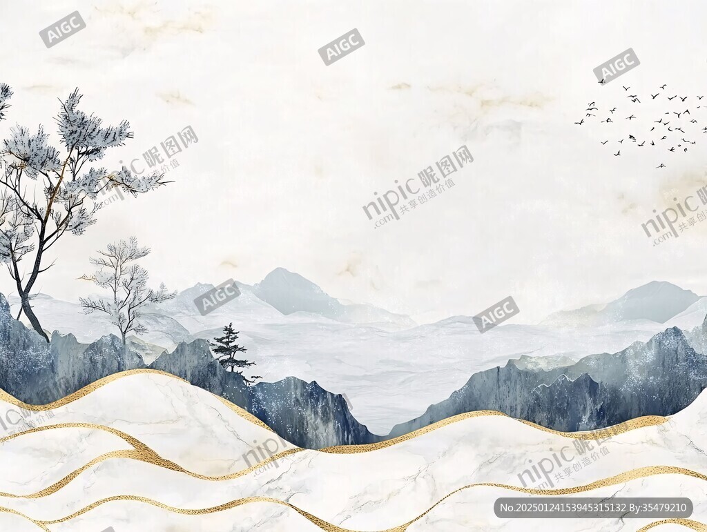 金色水墨群山背景墻