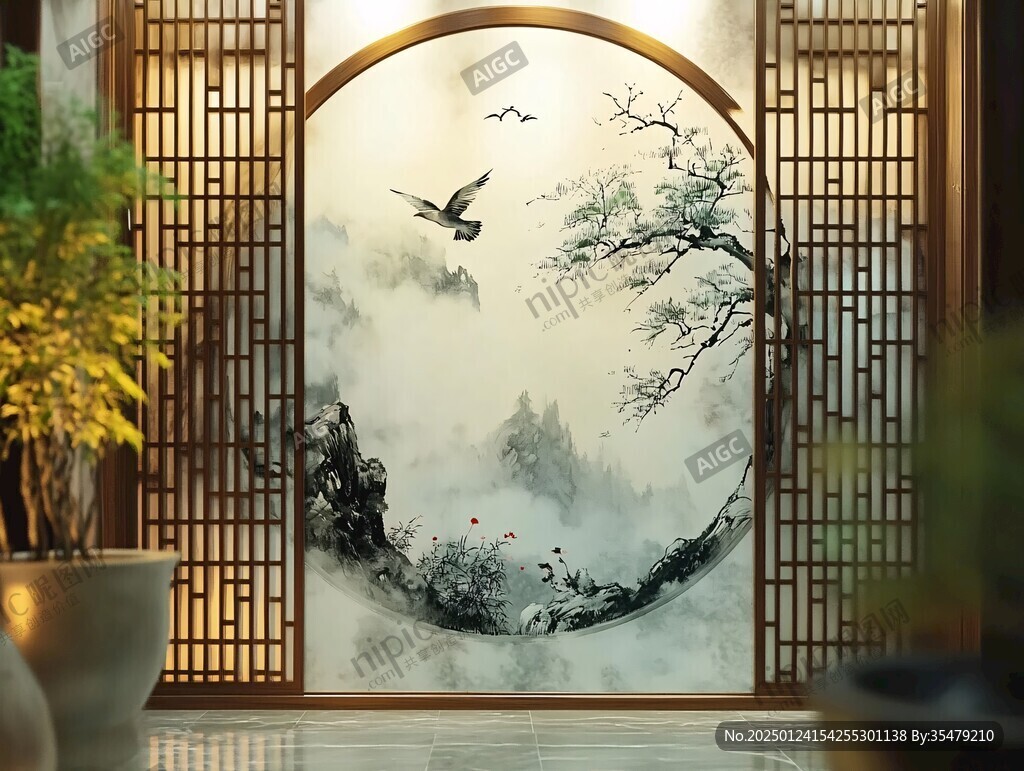 中式圓形意境背景墻