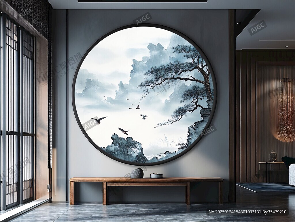 禪意山水圓形掛畫框畫