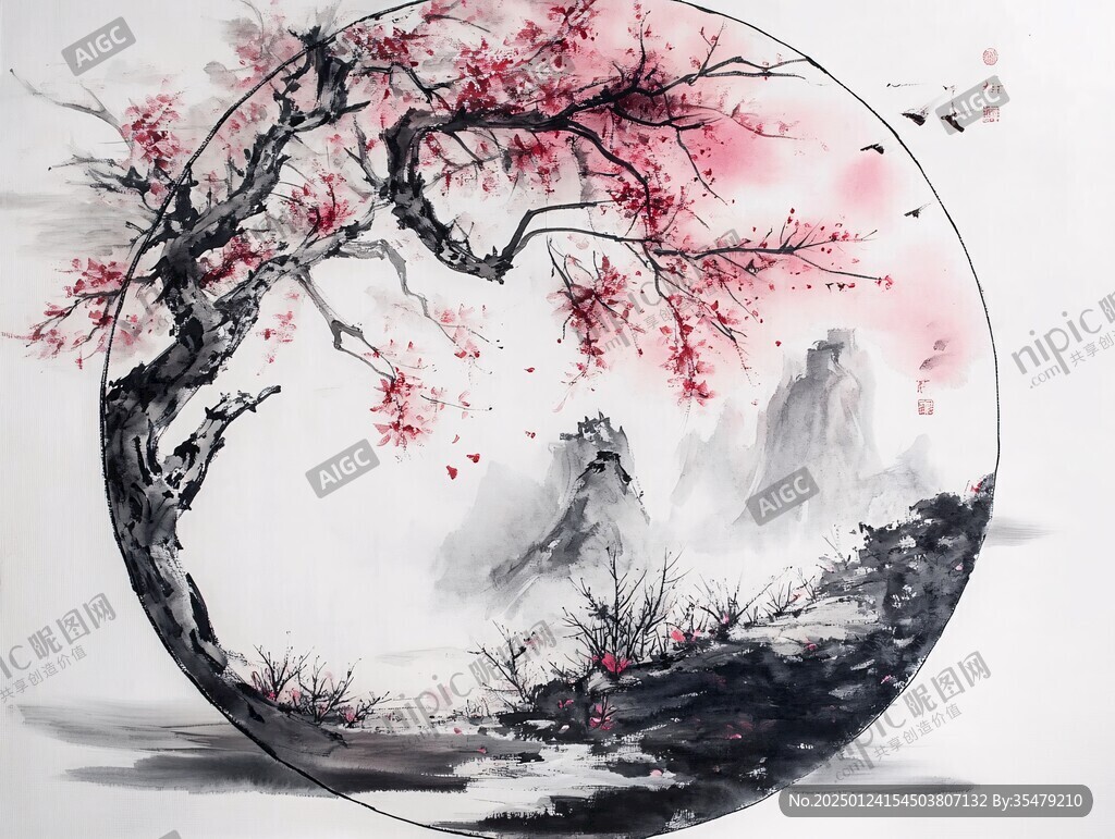 圓形桃花鳥畫