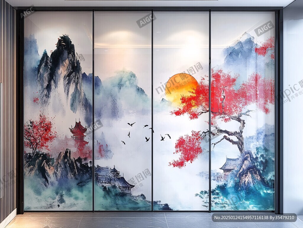 山水畫玻璃屏風