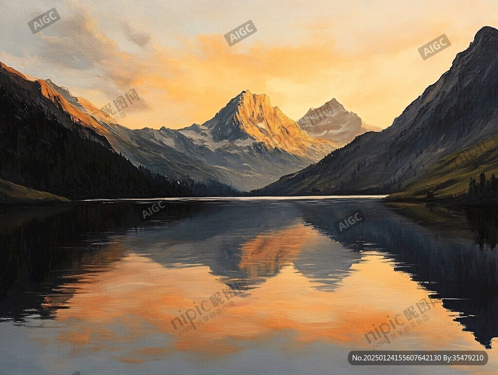 油畫遠山群山倒影云霧