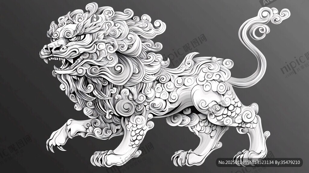 醒獅白模雕刻線稿