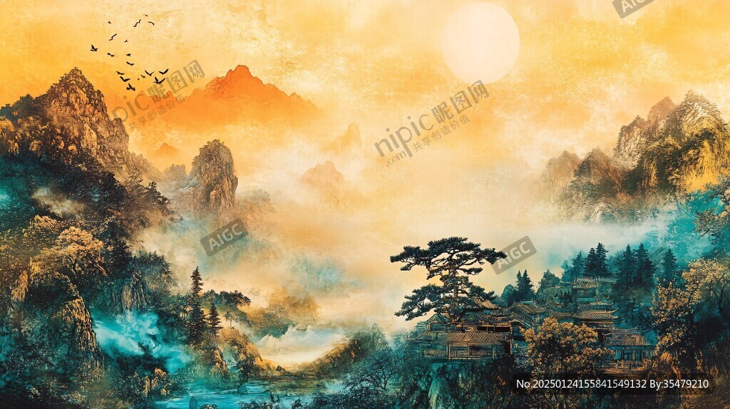 紅日水墨山水
