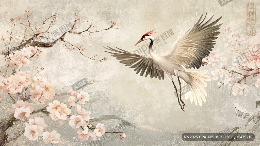 梅花仙鶴旭日東升