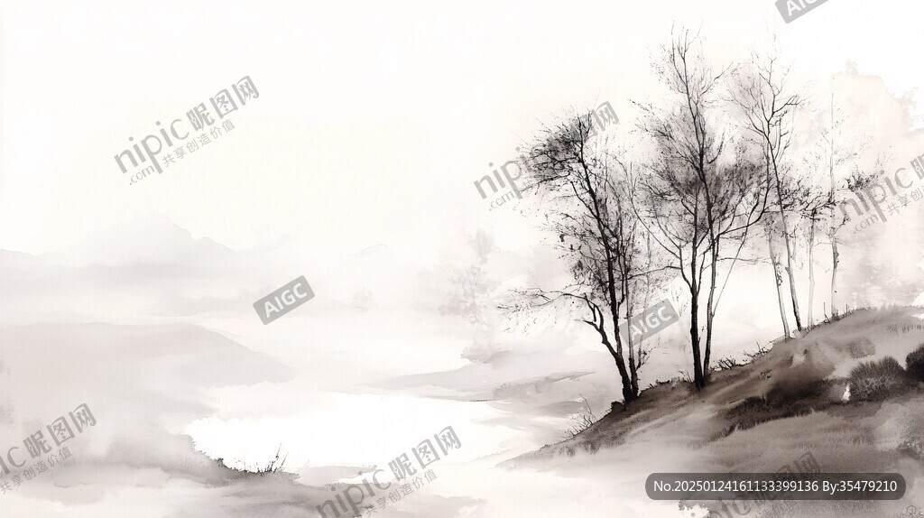 意境山景水墨樹枝