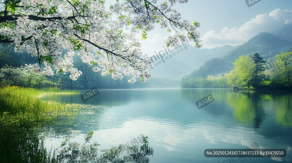 春天湖邊美景