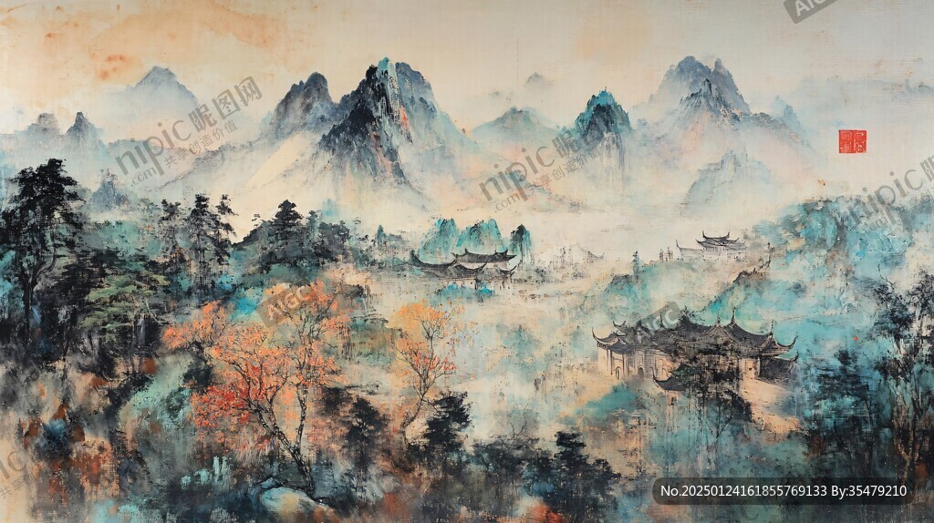 橫店彩繪山水水墨畫