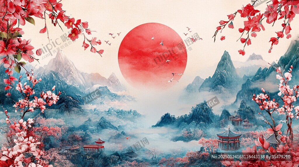 紅日出東方意境中式畫
