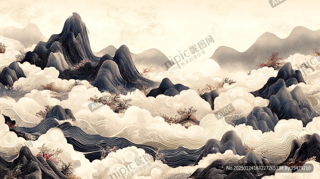 中式精雕肌理山水畫