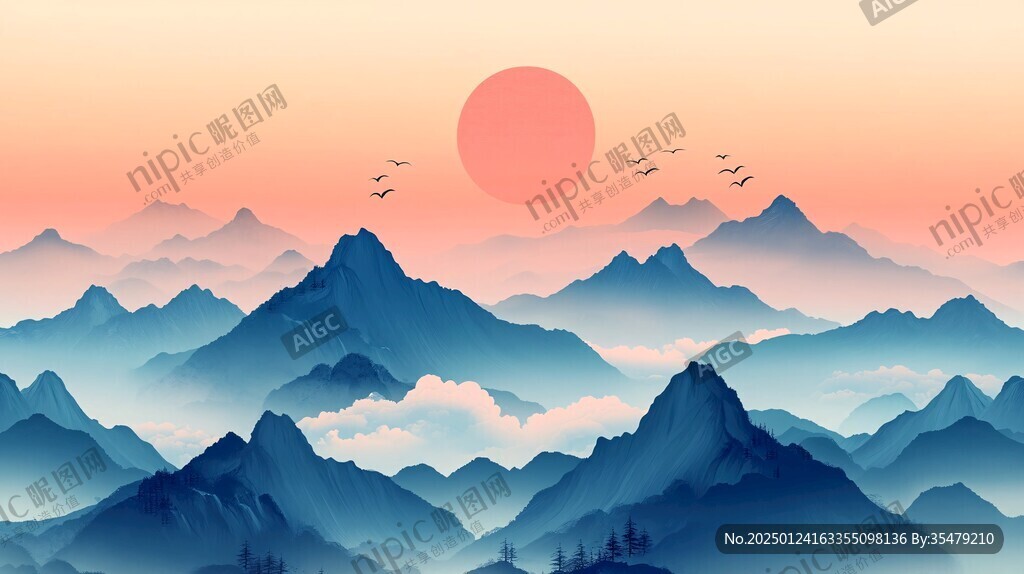 中式山水日出