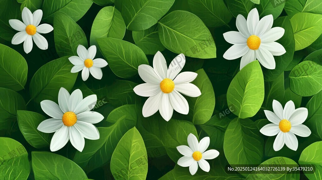 綠葉白花壁紙