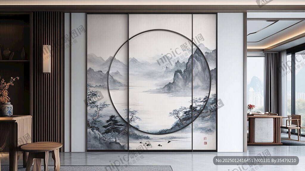 圓山水框畫硬包背景