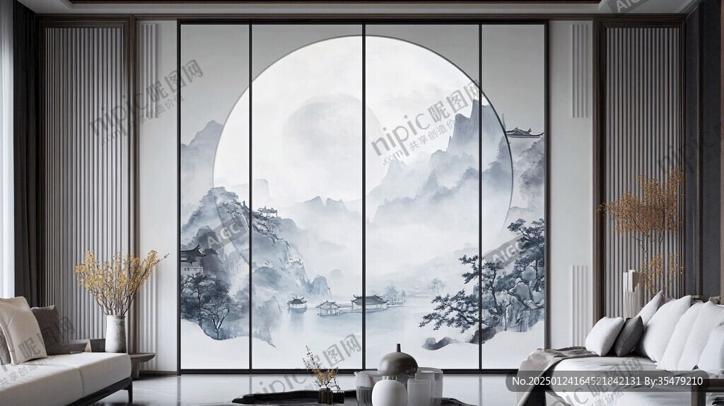 圓山水框畫硬包背景