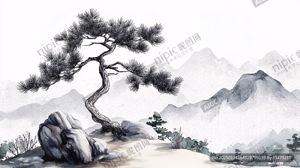 手繪古風(fēng)松樹山水插畫