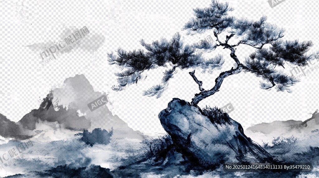 水墨松樹(shù)枝
