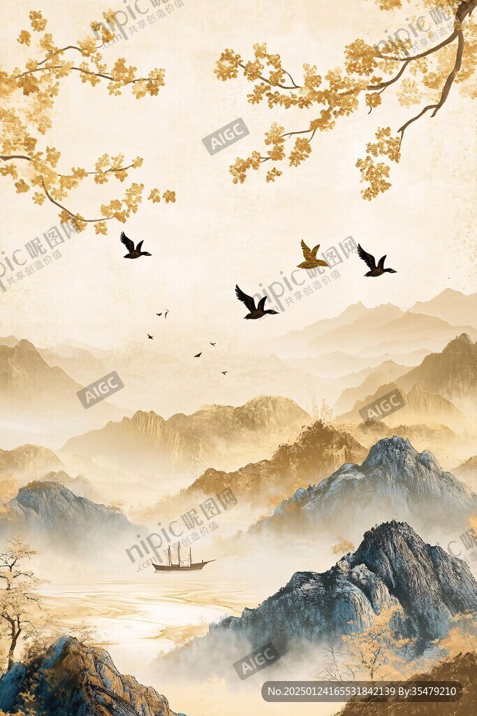 金色復(fù)古山水裝飾畫