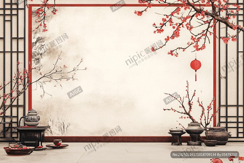 中式梅花閣樓背景