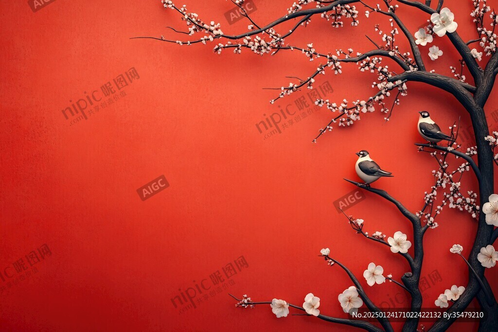 工筆手繪紅墻梅花