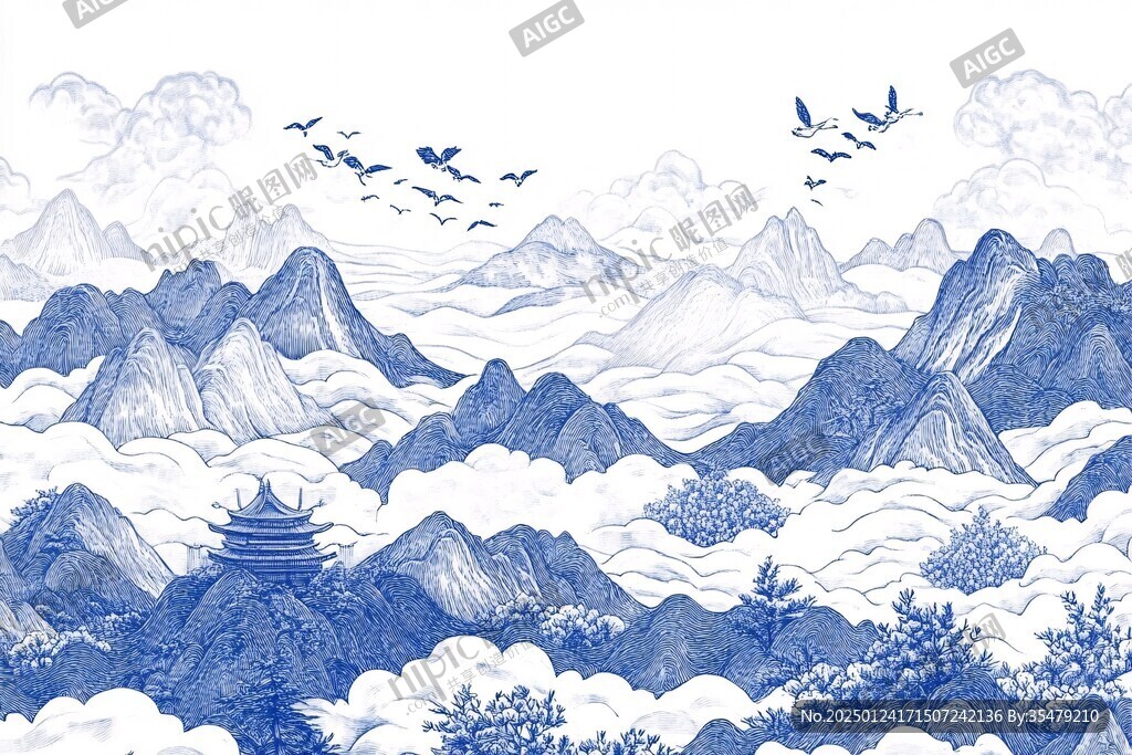 新中式線描閣樓瑞鶴圖
