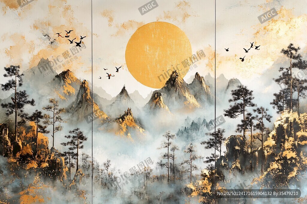 新中式瑞鶴圖山水屏風