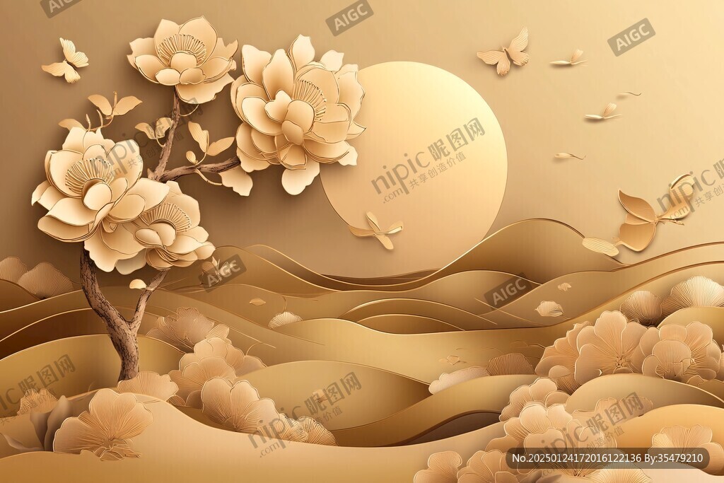 新中式山水銀杏葉花鳥(niǎo)