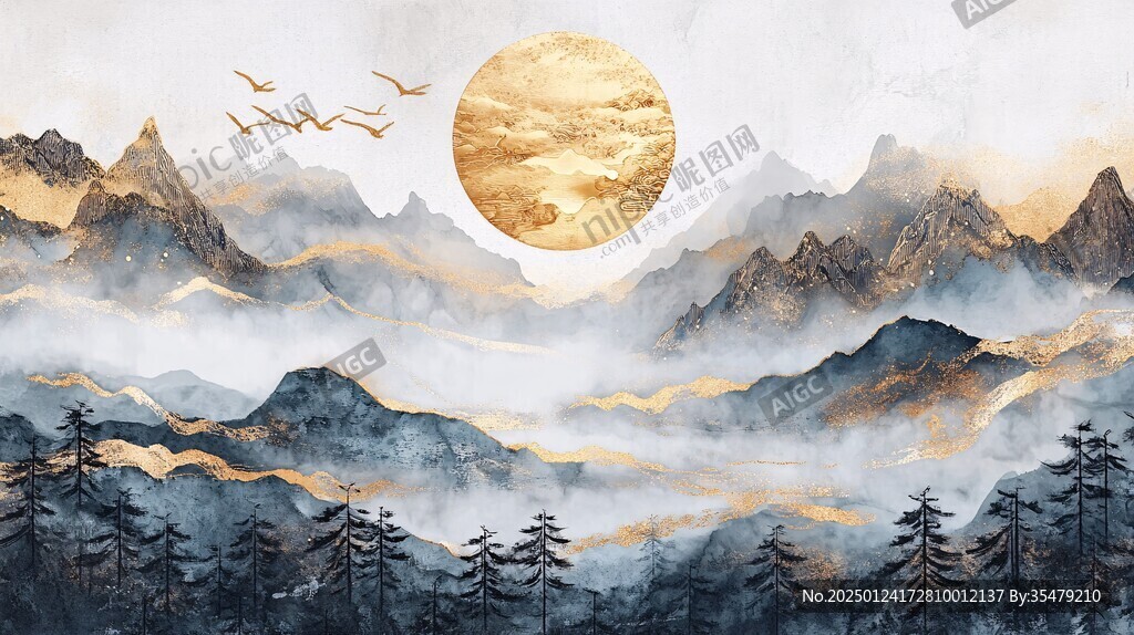 金色山水禪意裝飾畫