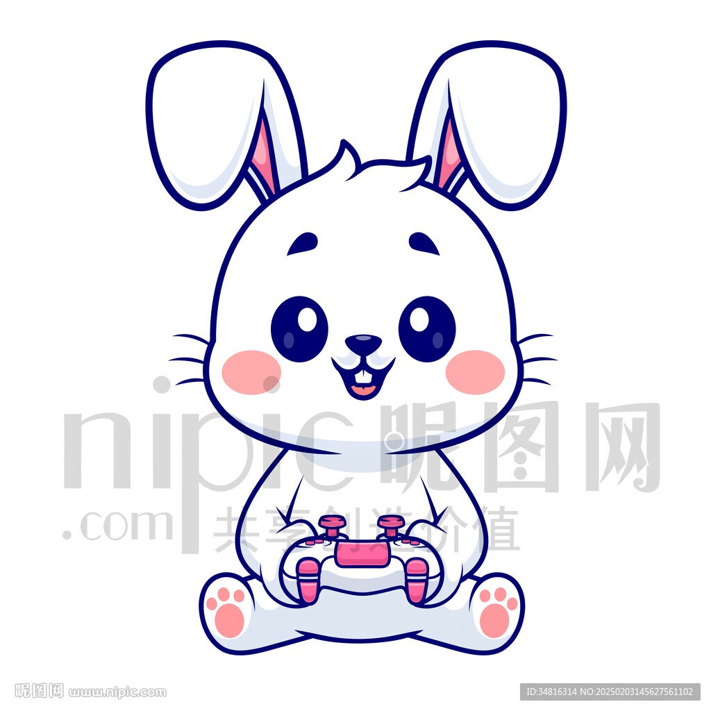 可愛卡通打電玩的小白兔
