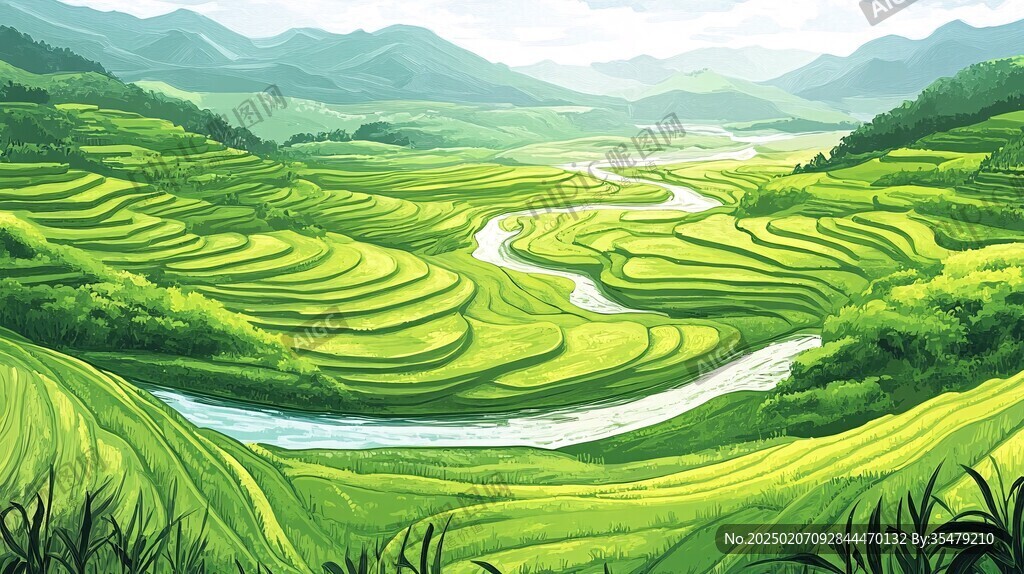 水稻梯田插畫