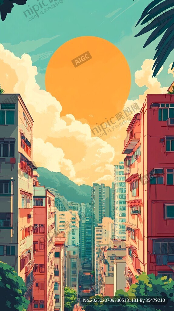 插畫城市夕陽